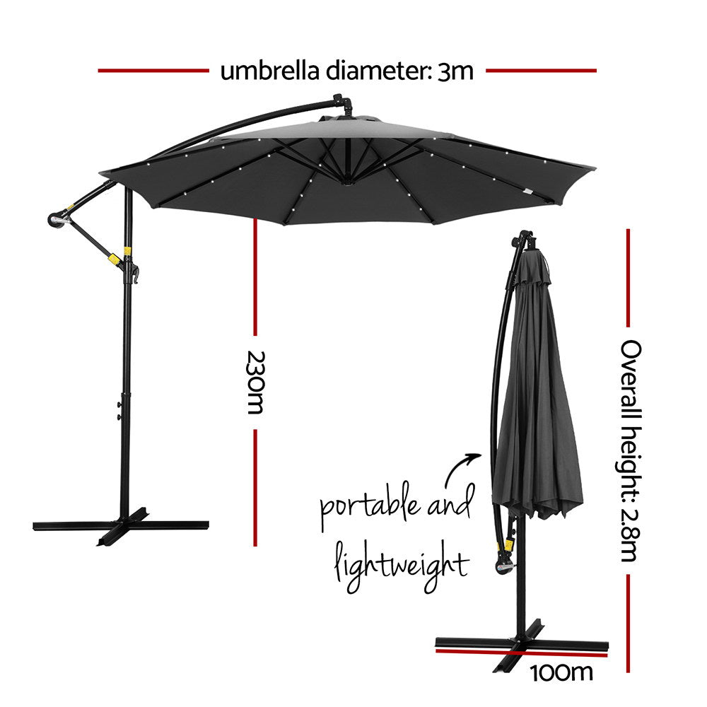 UV50+ LED Garden Patio Umbrella 3M Cantilever Charcoal - Instahut