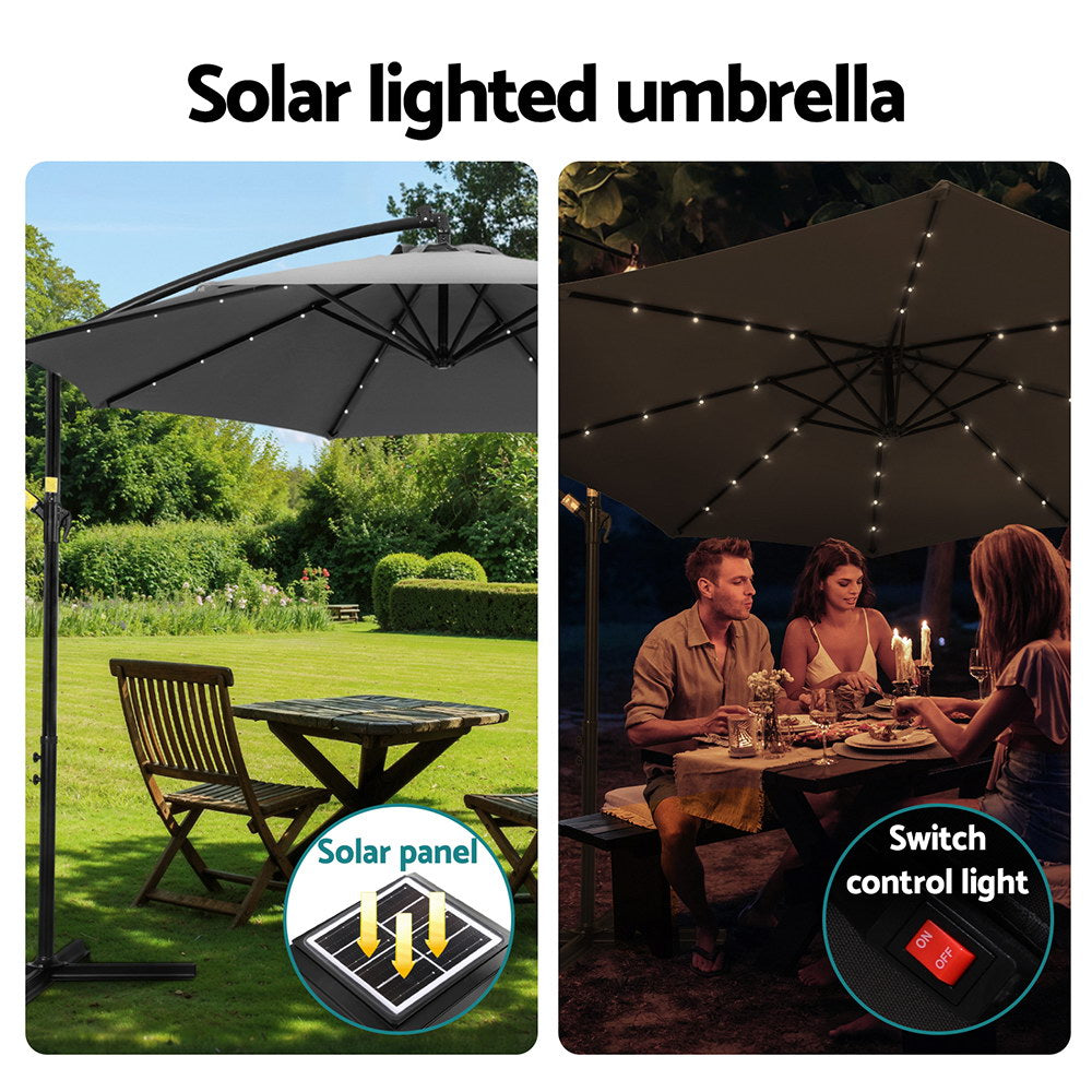 UV50+ LED Garden Patio Umbrella 3M Cantilever Charcoal - Instahut