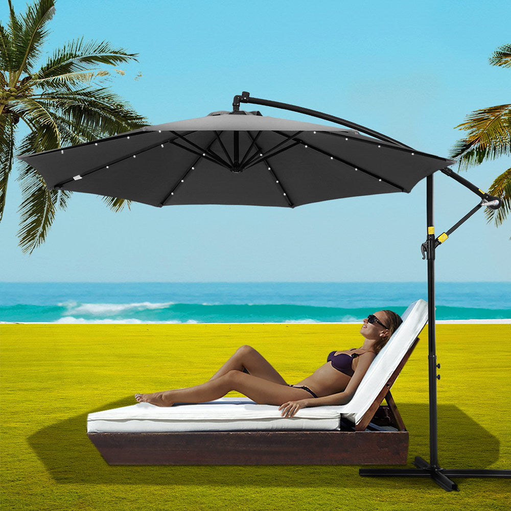 UV50+ LED Garden Patio Umbrella 3M Cantilever Charcoal - Instahut