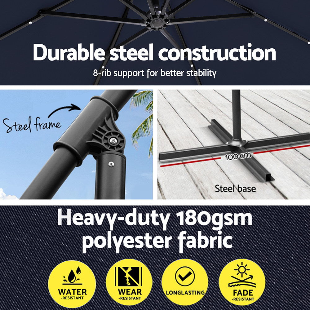 3M LED Cantilever Umbrella, UV50+ Polyester, Steel Frame