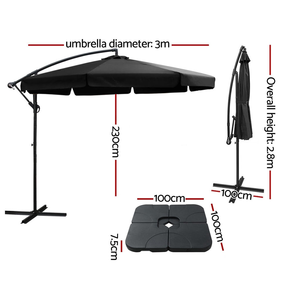 UV50+ Cantilever Outdoor Umbrella w/Base 3m, Black - Instahut