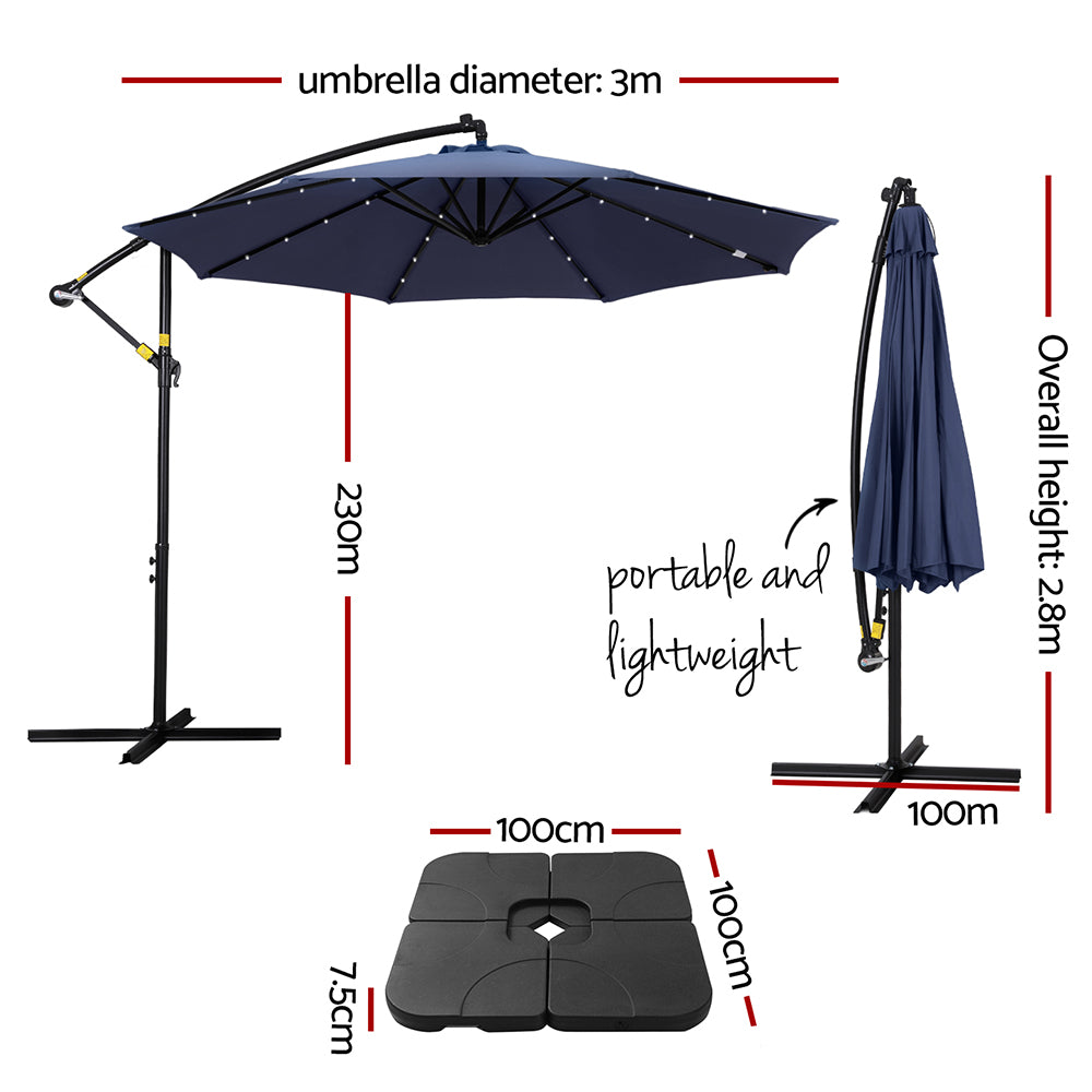 UV50+ 3M Cantilever Umbrella with LED & Base, Navy - Instahut