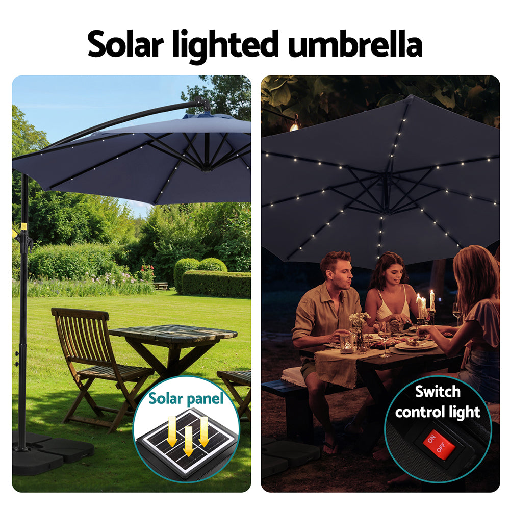 UV50+ 3M Cantilever Umbrella with LED & Base, Navy - Instahut