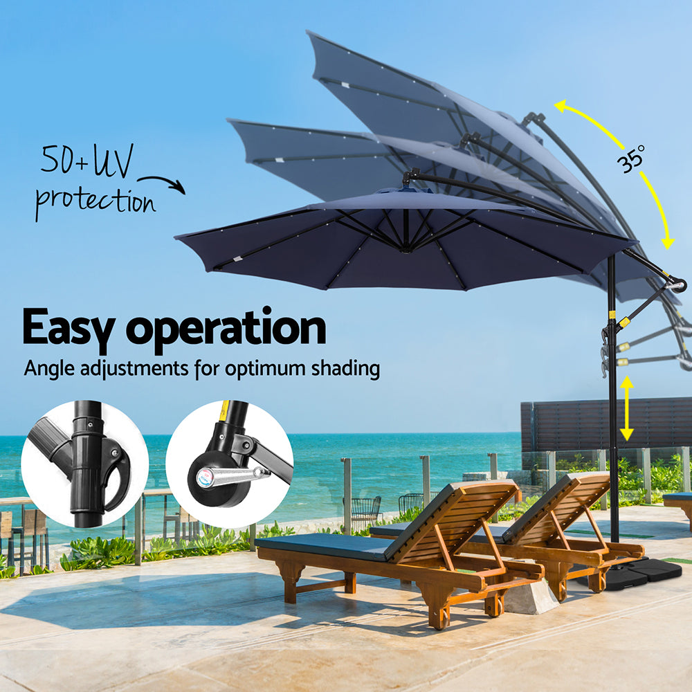 UV50+ 3M Cantilever Umbrella with LED & Base, Navy - Instahut