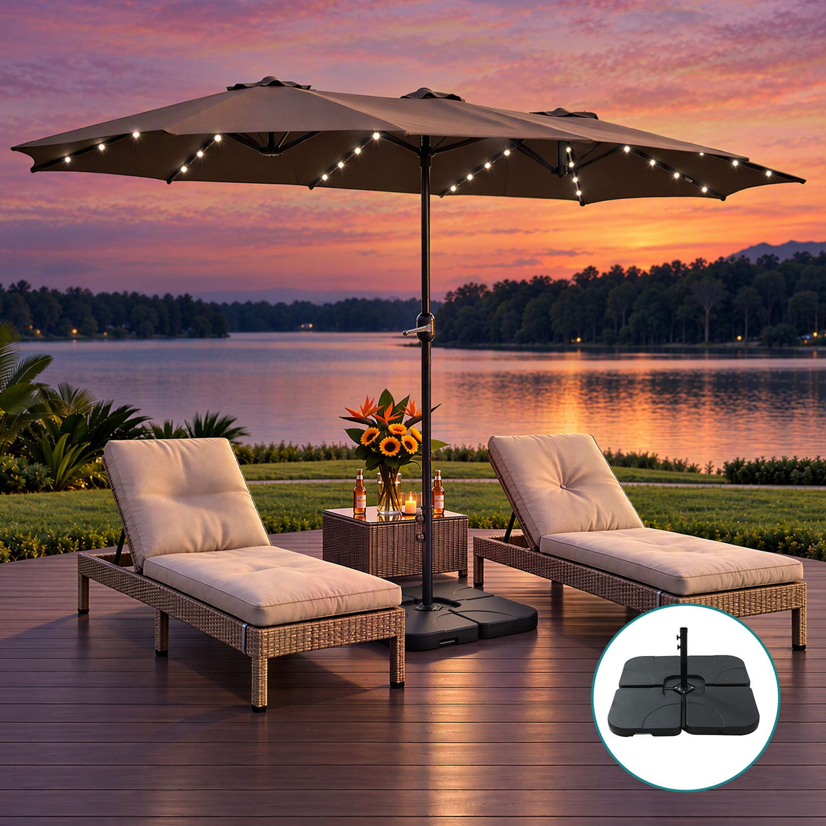 Instahut Outdoor Umbrella 4.57m Solar LED with Base Brown