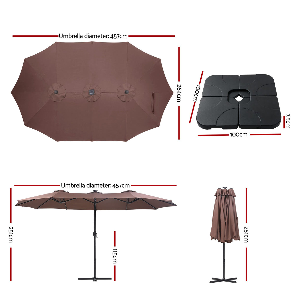 Instahut Outdoor Umbrella 4.57m Solar LED with Base Brown
