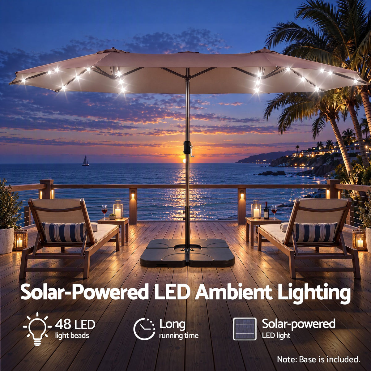 Instahut Outdoor Umbrella 4.57m Solar LED with Base Brown