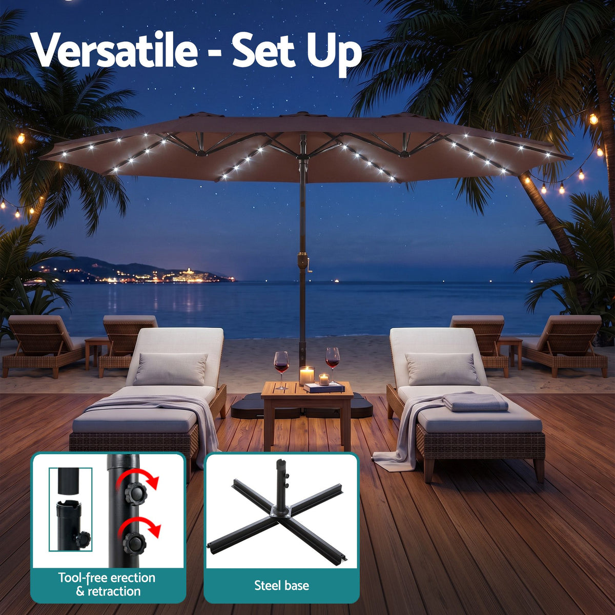 Instahut Outdoor Umbrella 4.57m Solar LED with Base Brown