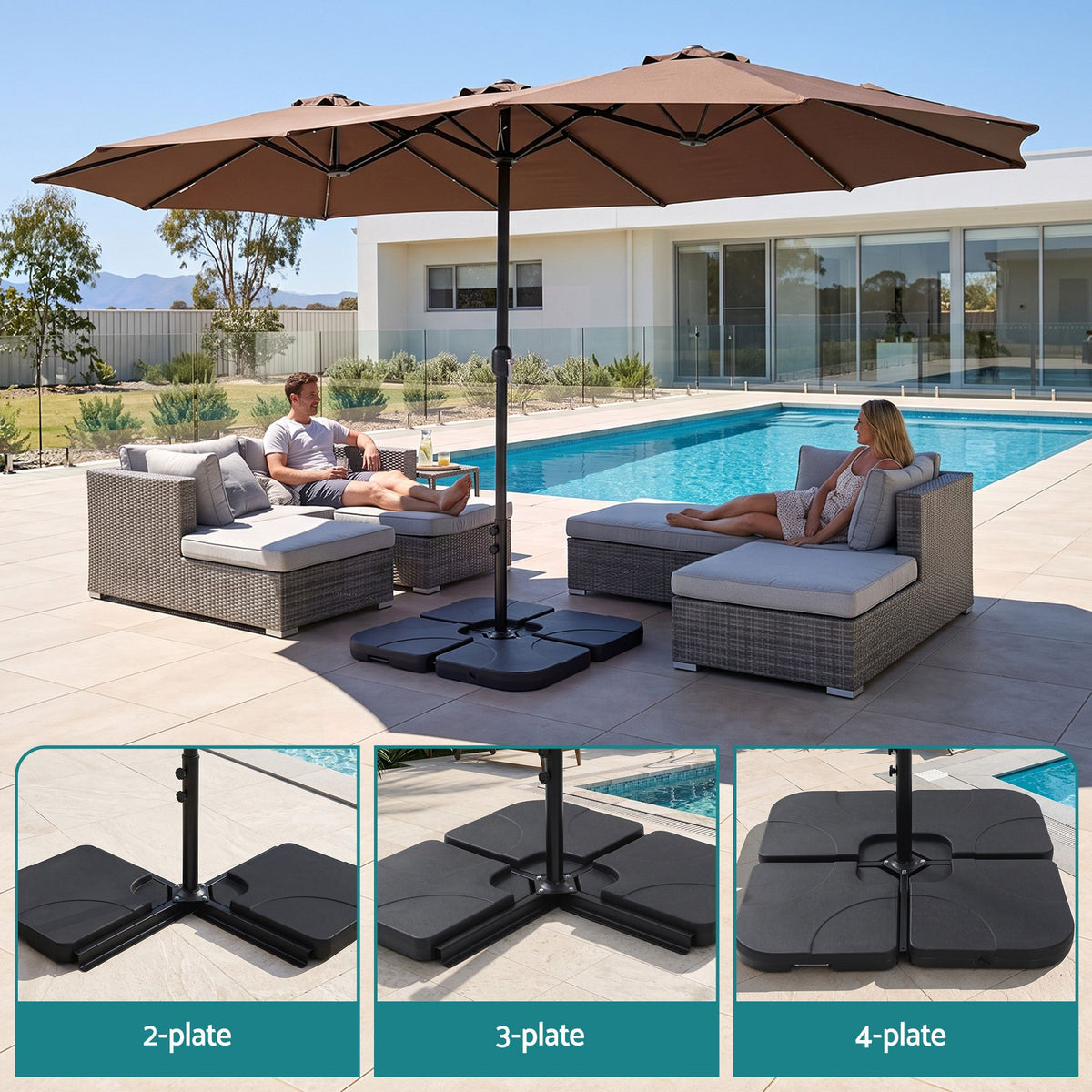 Instahut Outdoor Umbrella 4.57m Solar LED with Base Brown