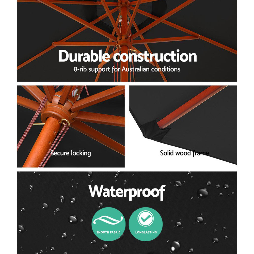 Instahut 2.7m Outdoor Umbrella Black UV50+ Wooden Frame