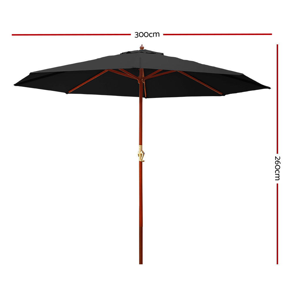Instahut 3m Outdoor Umbrella Black UV50+ Wooden Frame