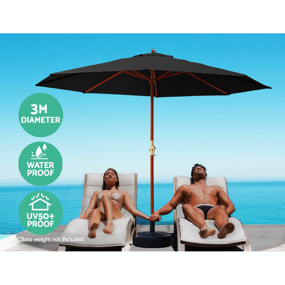 Instahut 3m Outdoor Umbrella Black UV50+ Wooden Frame