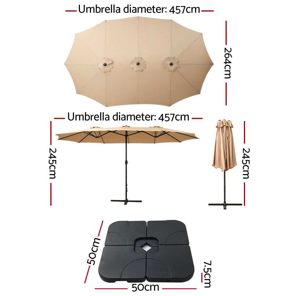 Instahut 4.57m Outdoor Umbrella Double-Sided Beige w/ Base