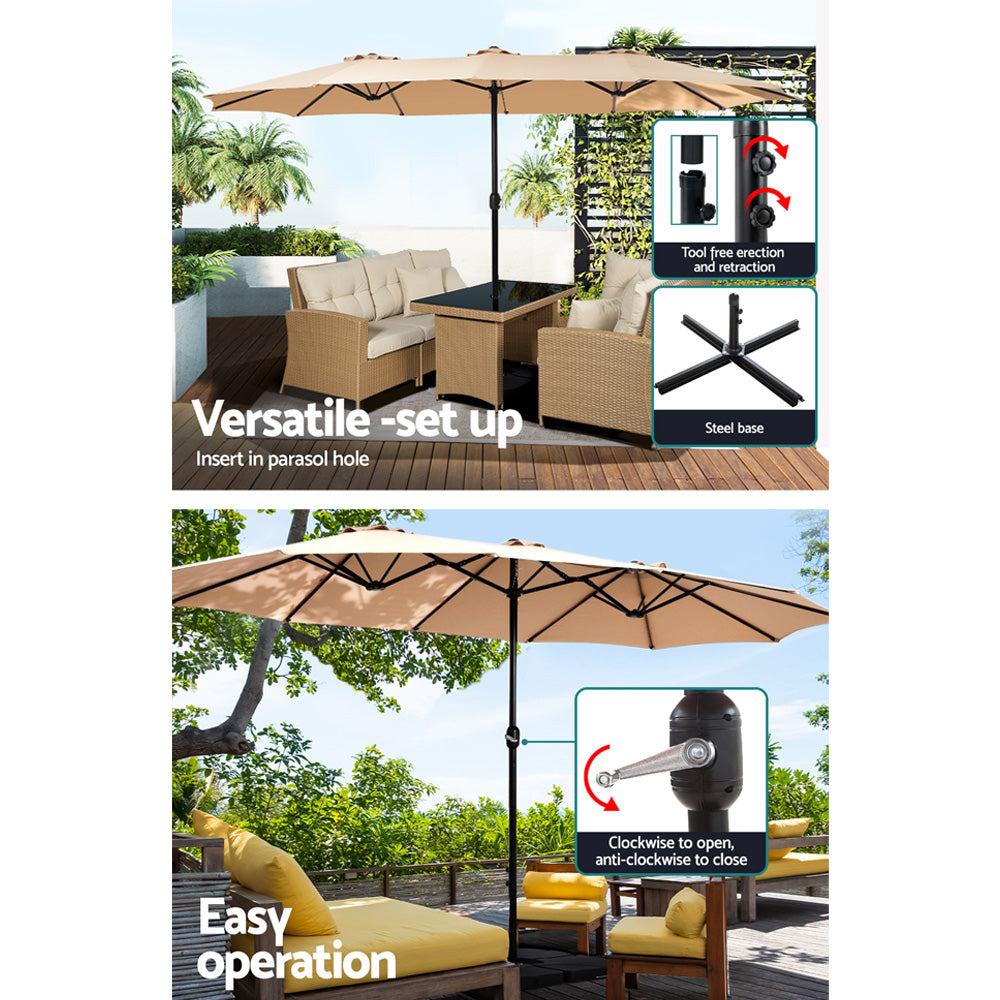 Instahut 4.57m Outdoor Umbrella Double-Sided Beige w/ Base