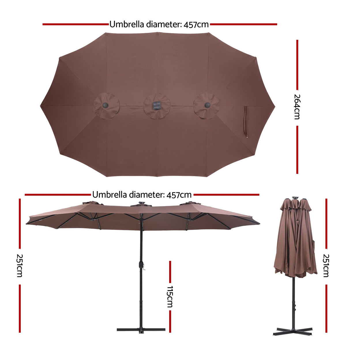 Instahut Outdoor Umbrella 4.57m Solar 48 LED Double-Sided Patio Parasol Brown