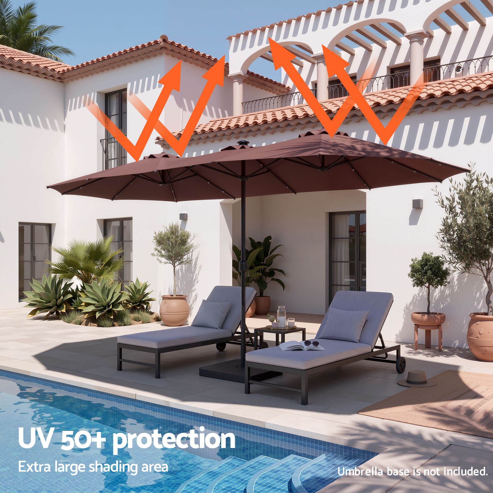 Instahut Outdoor Umbrella 4.57m Solar 48 LED Double-Sided Patio Parasol Brown