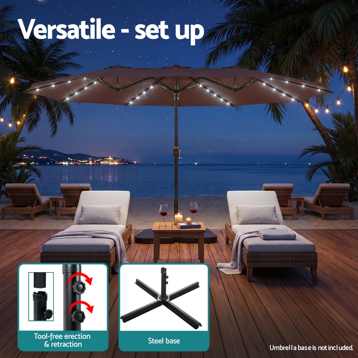 Instahut Double-Sided Solar Outdoor Umbrella 4.57m Brown