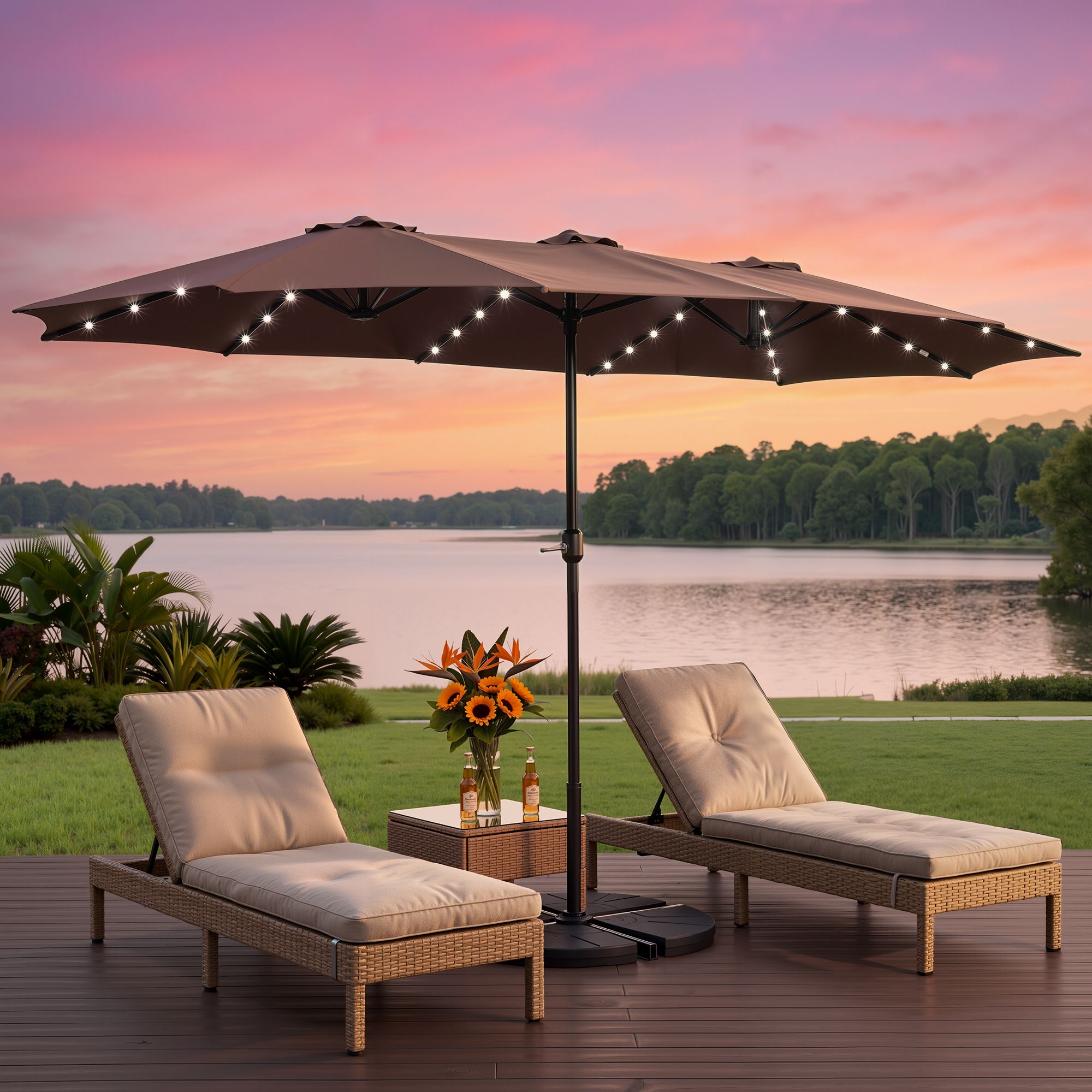 Instahut Outdoor Umbrella 4.57m Solar 48 LED Double-Sided Patio Parasol Brown