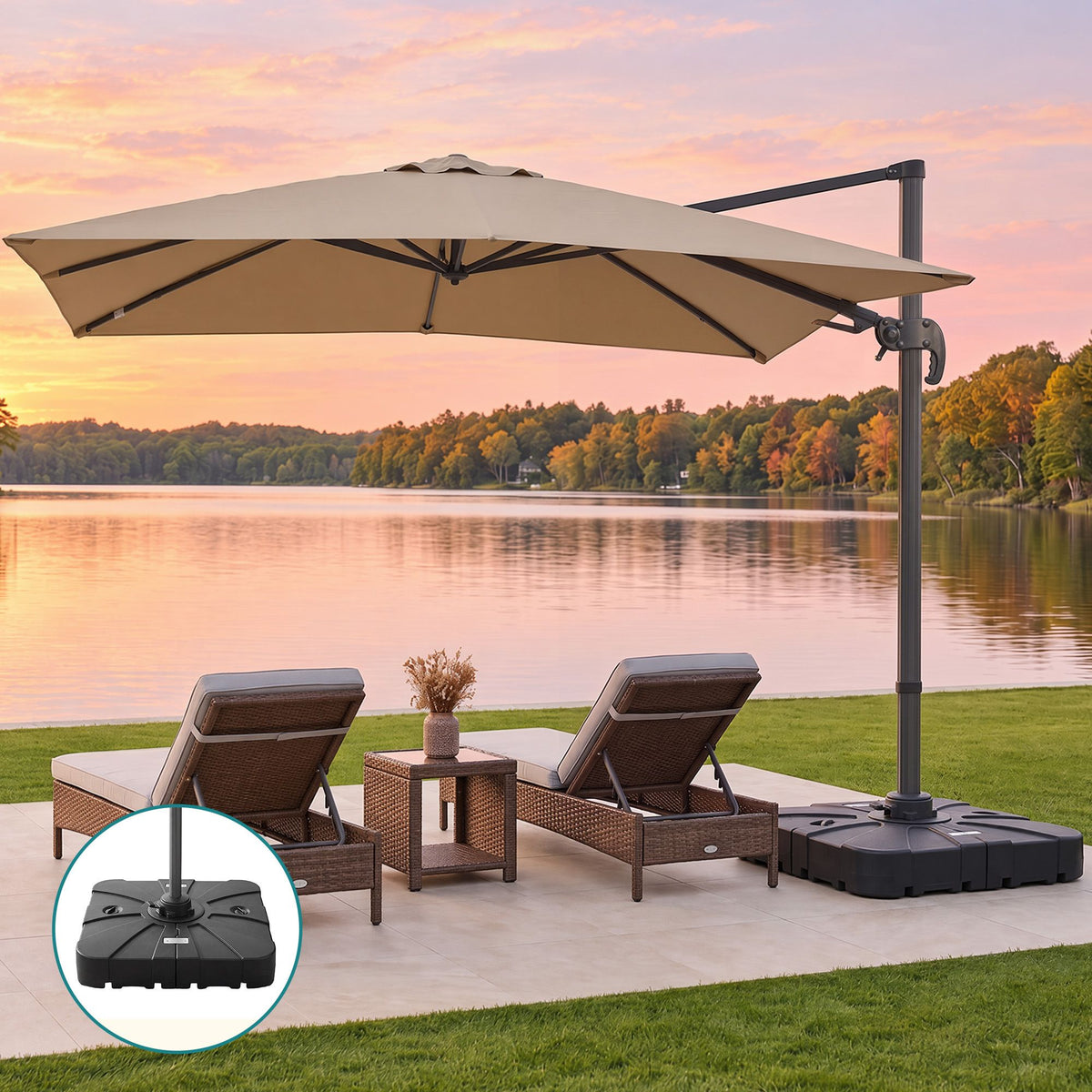 Instahut Outdoor Umbrella w/Base 3m Left-right Tilting Cantilever Patio Parasol Beige