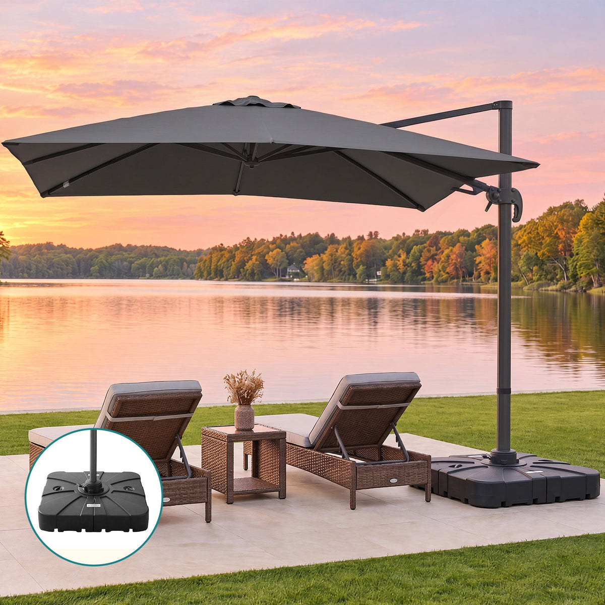 Sun Roma 3m Cantilever Outdoor Umbrella with Base Charcoal