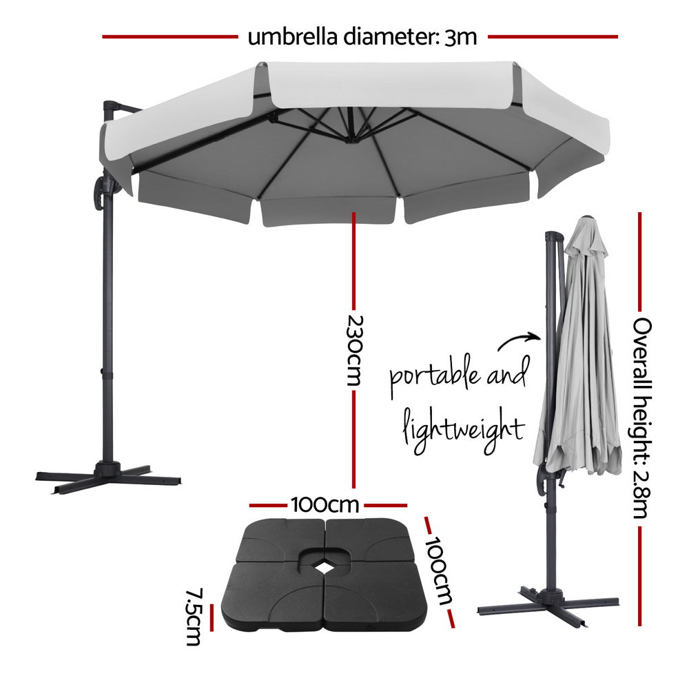 UV50+ 3m Outdoor Cantilever Beach Umbrella with Base - Grey