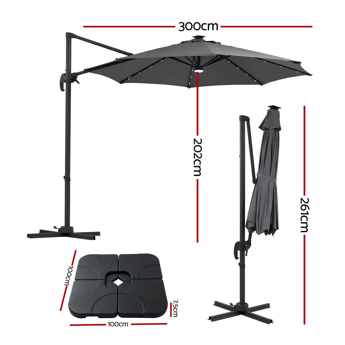 Instahut 3m Cantilever Outdoor Umbrella with Base Charcoal