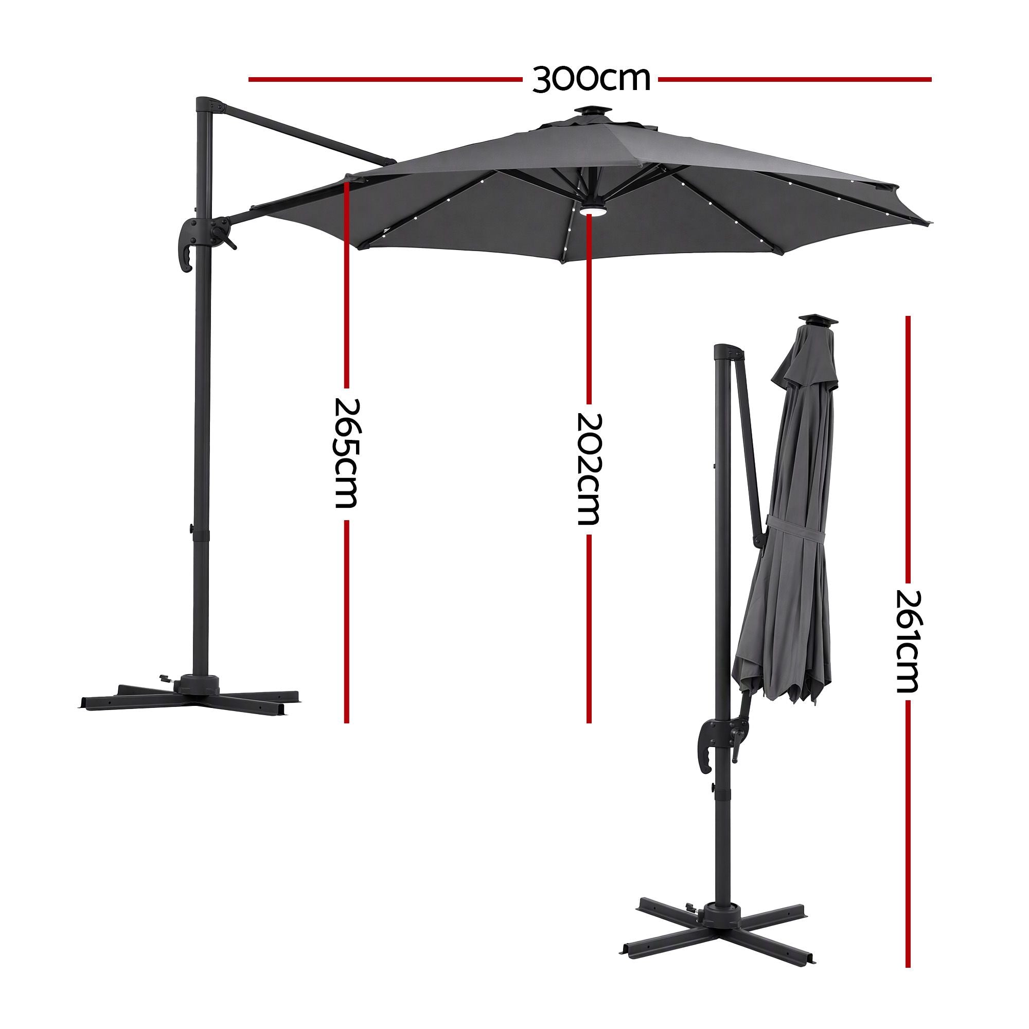 Instahut Outdoor Umbrella 3m Solar LED Offset Cantilever Patio Parasol Charcoal