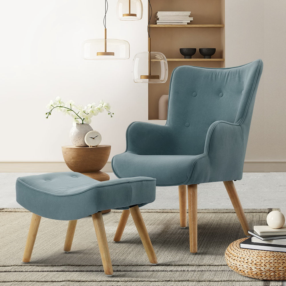 Lansar Armchair and Ottoman Set Velvet Blue Scandinavian Style