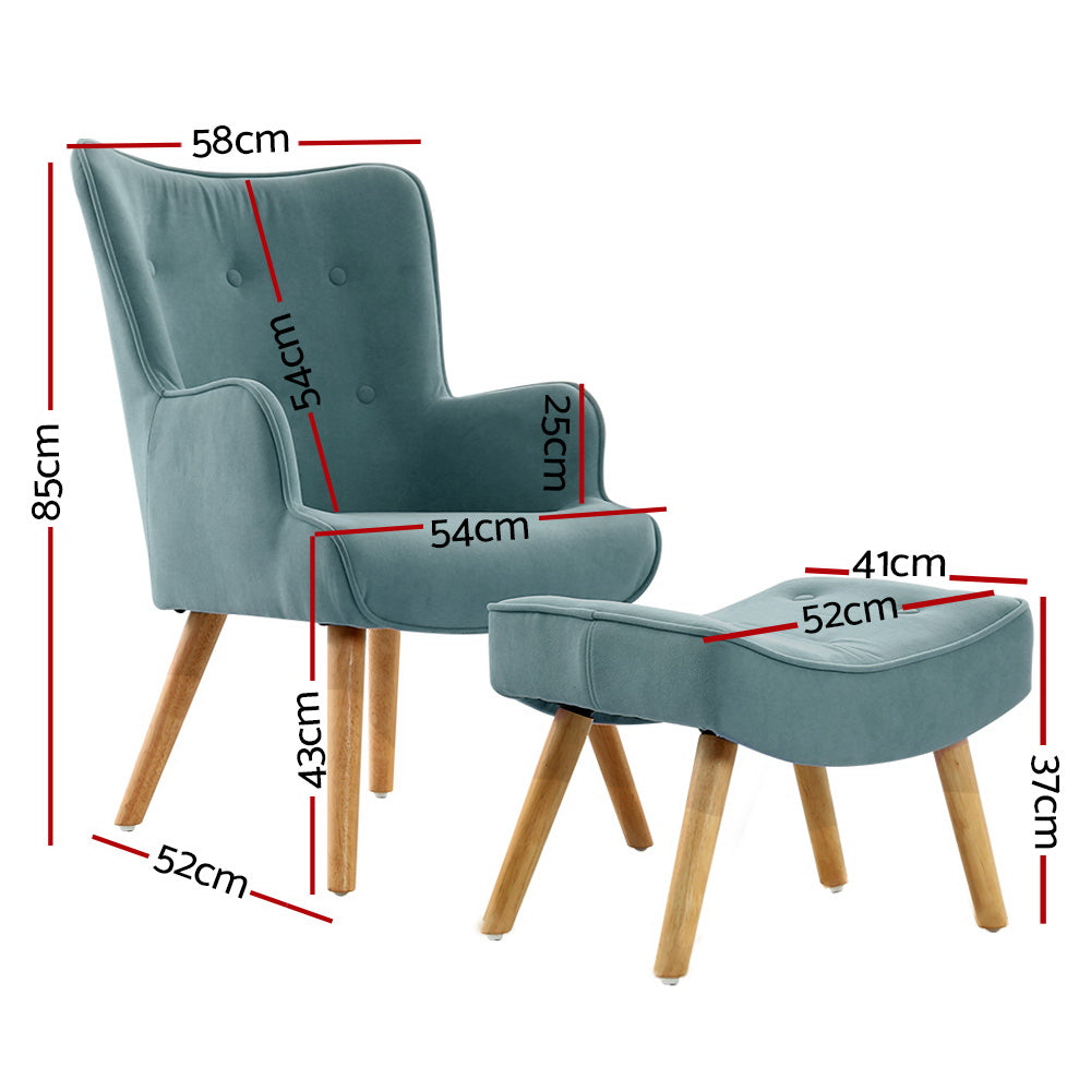 Lansar Armchair and Ottoman Set Velvet Blue Scandinavian Style
