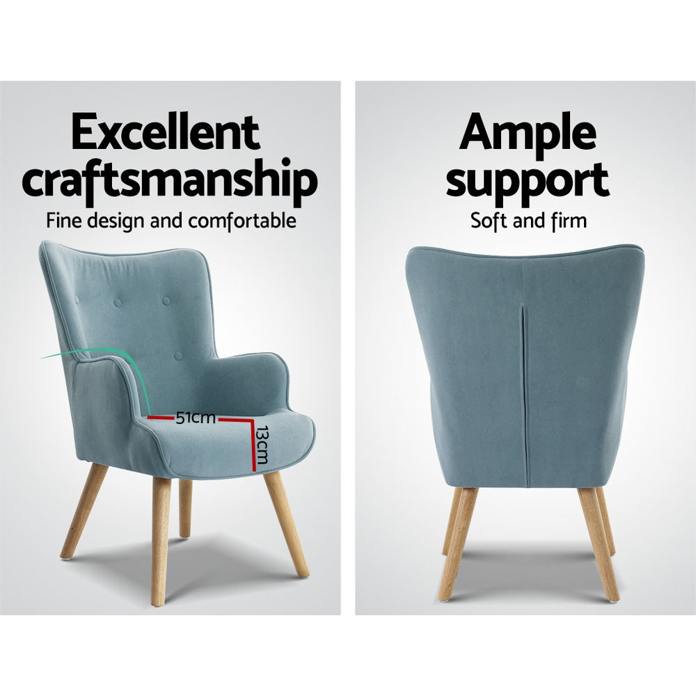 Lansar Armchair and Ottoman Set Velvet Blue Scandinavian Style