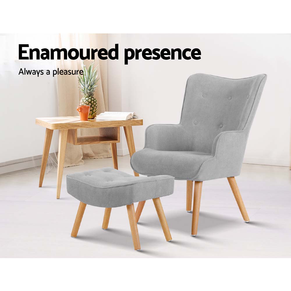 Lansar Armchair and Ottoman Velvet Light Grey