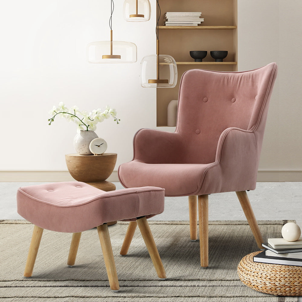 Lansar Armchair and Ottoman Set Pink Velvet Scandinavian Style