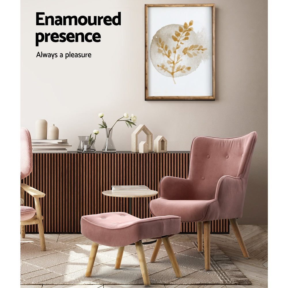 Lansar Armchair and Ottoman Set Pink Velvet Scandinavian Style