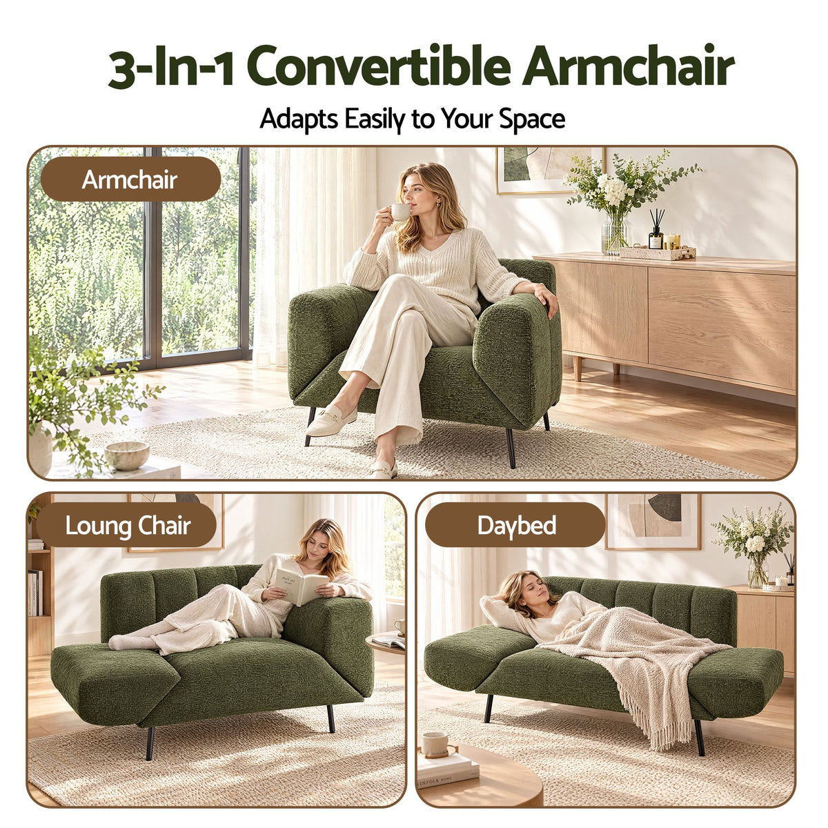 Artiss Convertible 3-in-1 Armchair, Lounger and Daybed Green