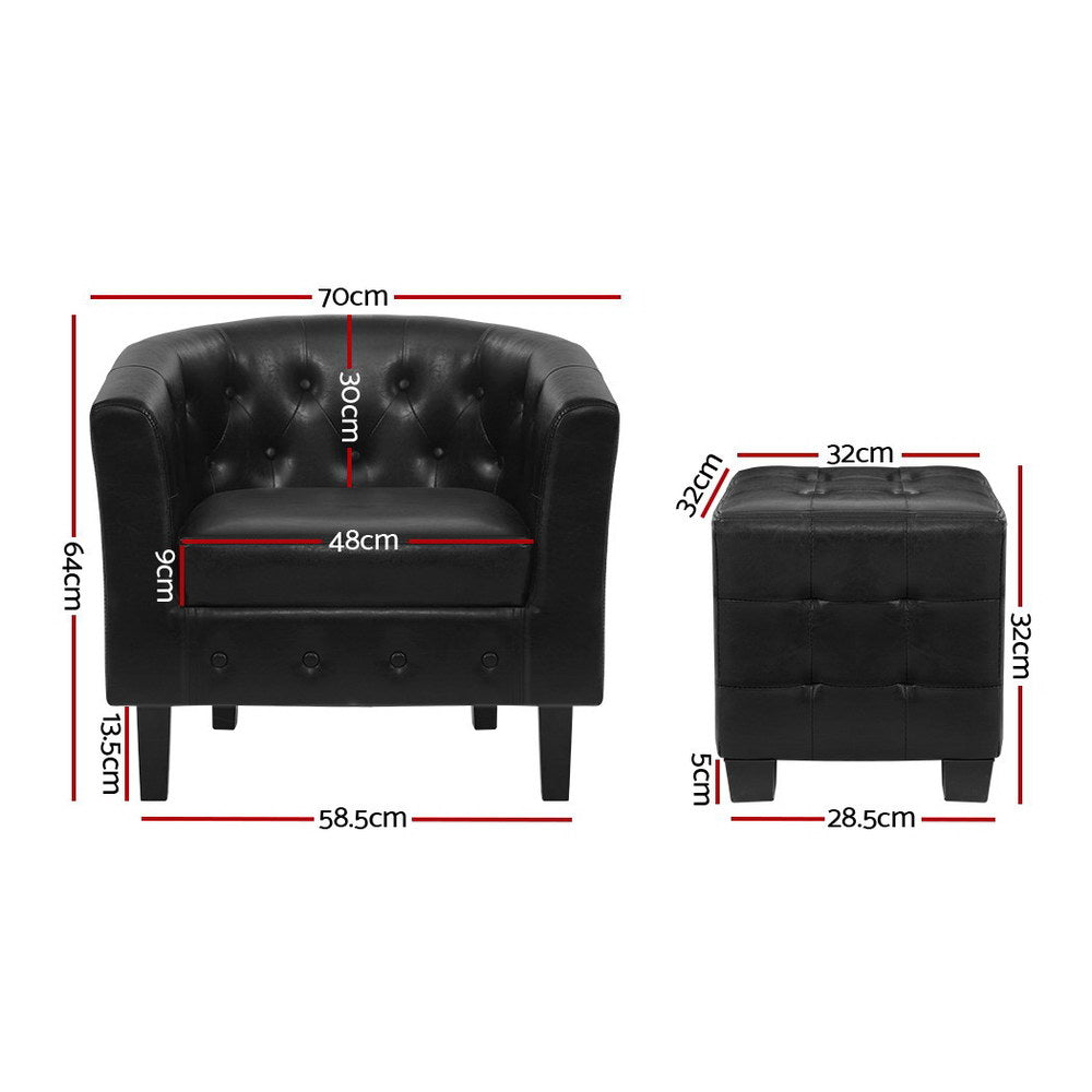 Ava Armchair Set with Ottoman Black Chesterfield Style