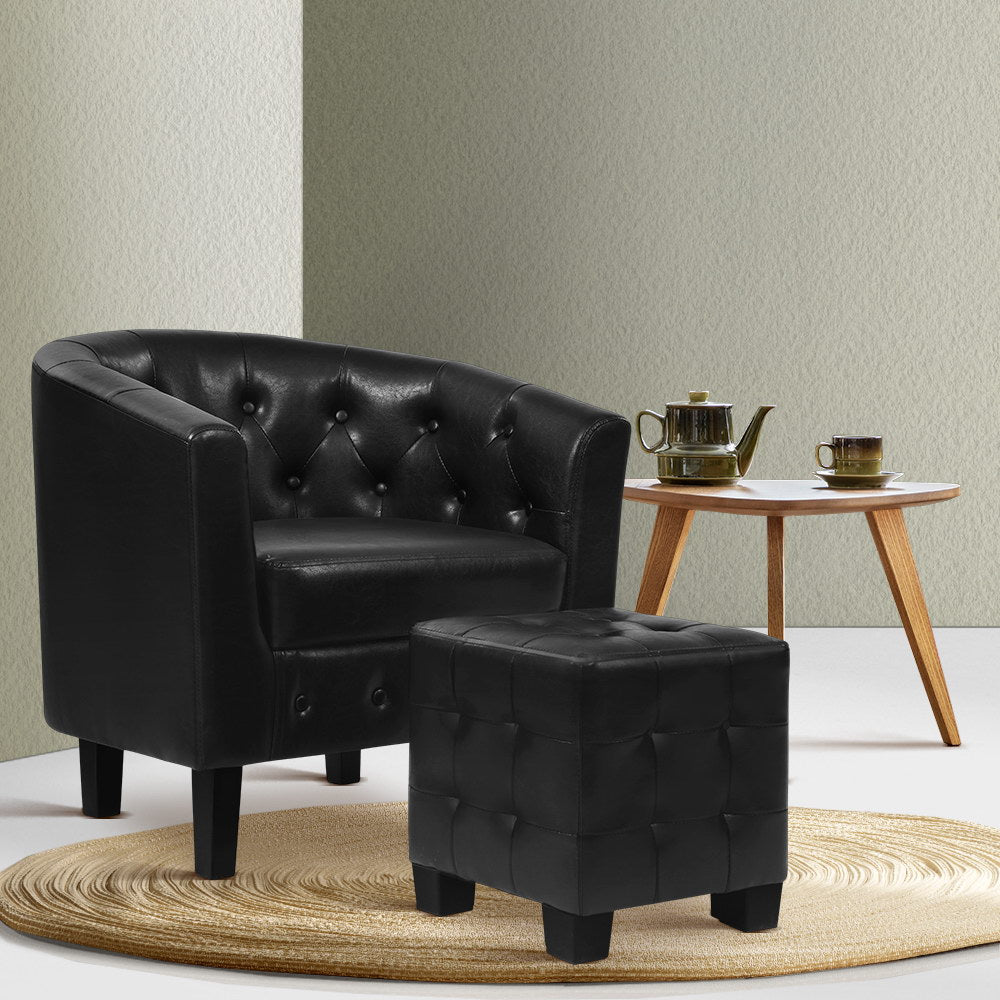 Ava Armchair Set with Ottoman Black Chesterfield Style