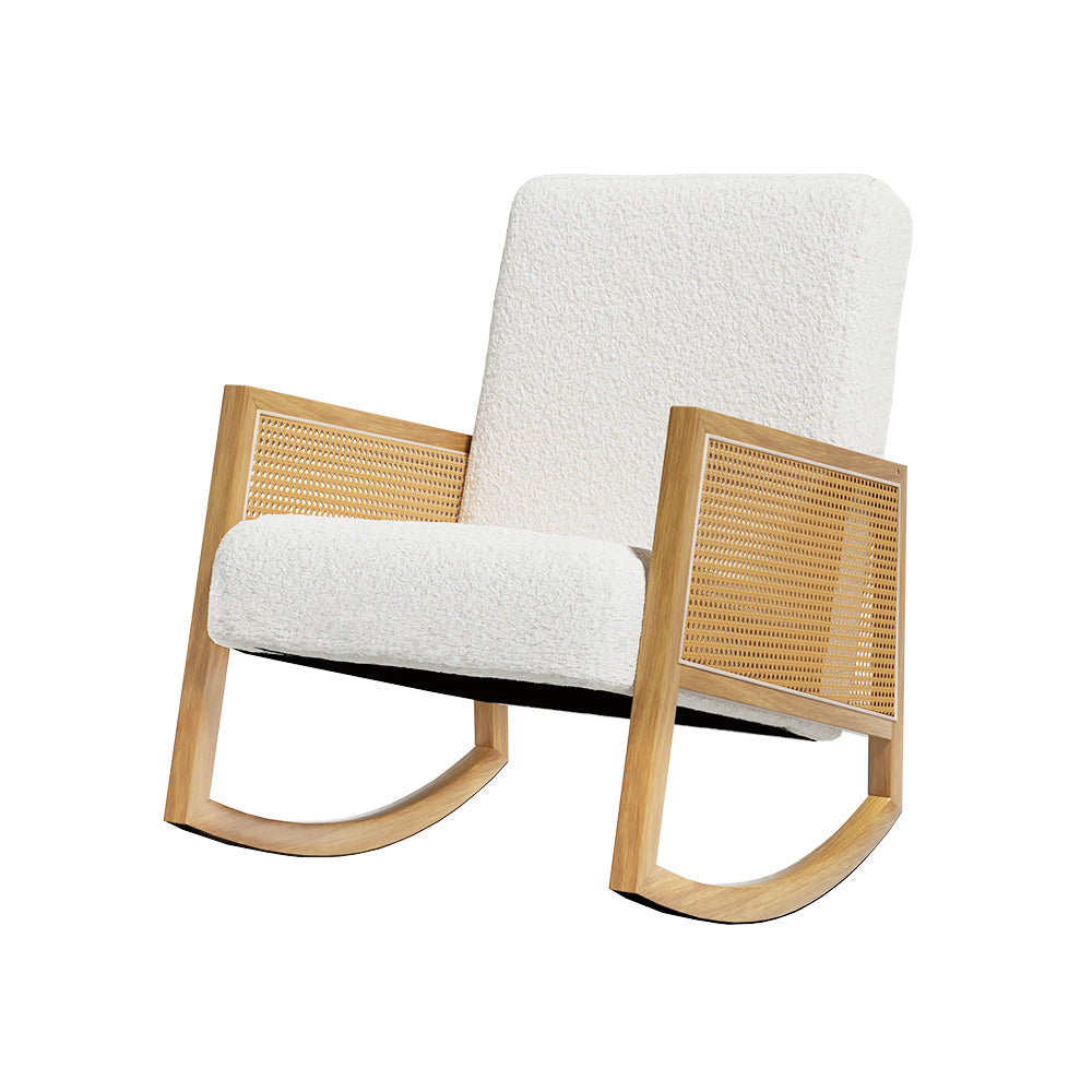 Boucle Rocking Armchair Teddy Fabric Rattan White