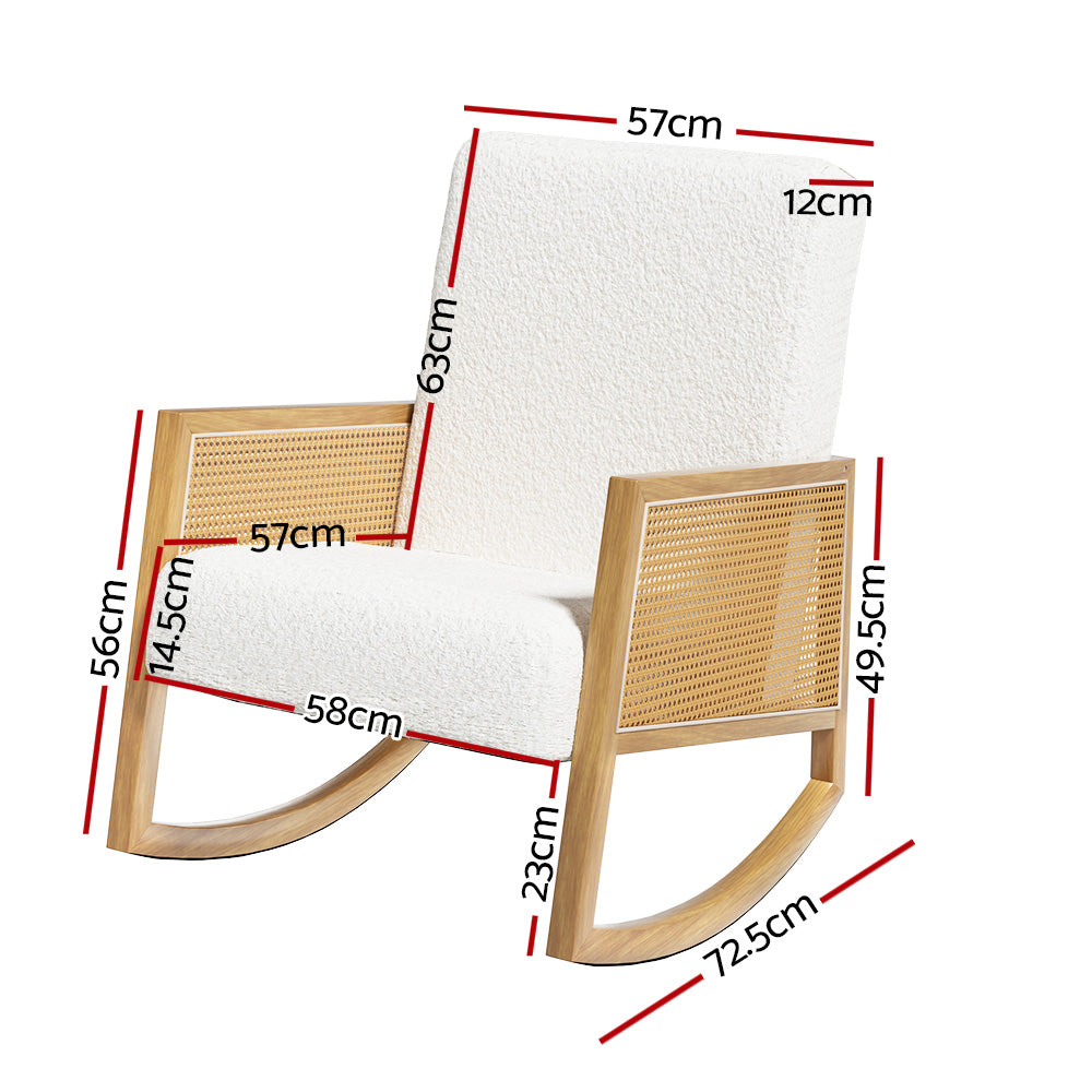 Boucle Rocking Armchair Teddy Fabric Rattan White