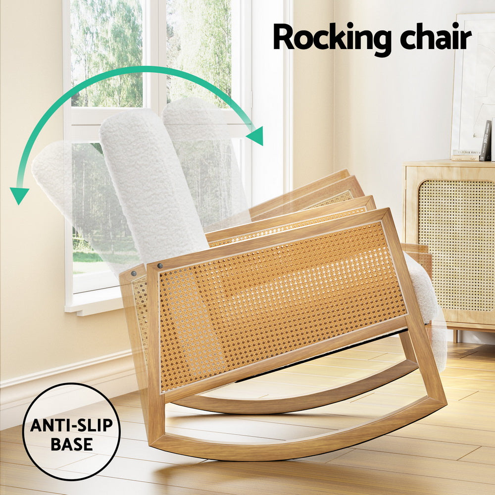 Boucle Rocking Armchair Teddy Fabric Rattan White