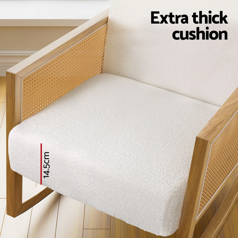 Boucle Rocking Armchair Teddy Fabric Rattan White