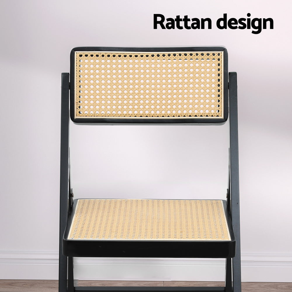 Rattan Foldable Dining Chair Black Poplar Wood