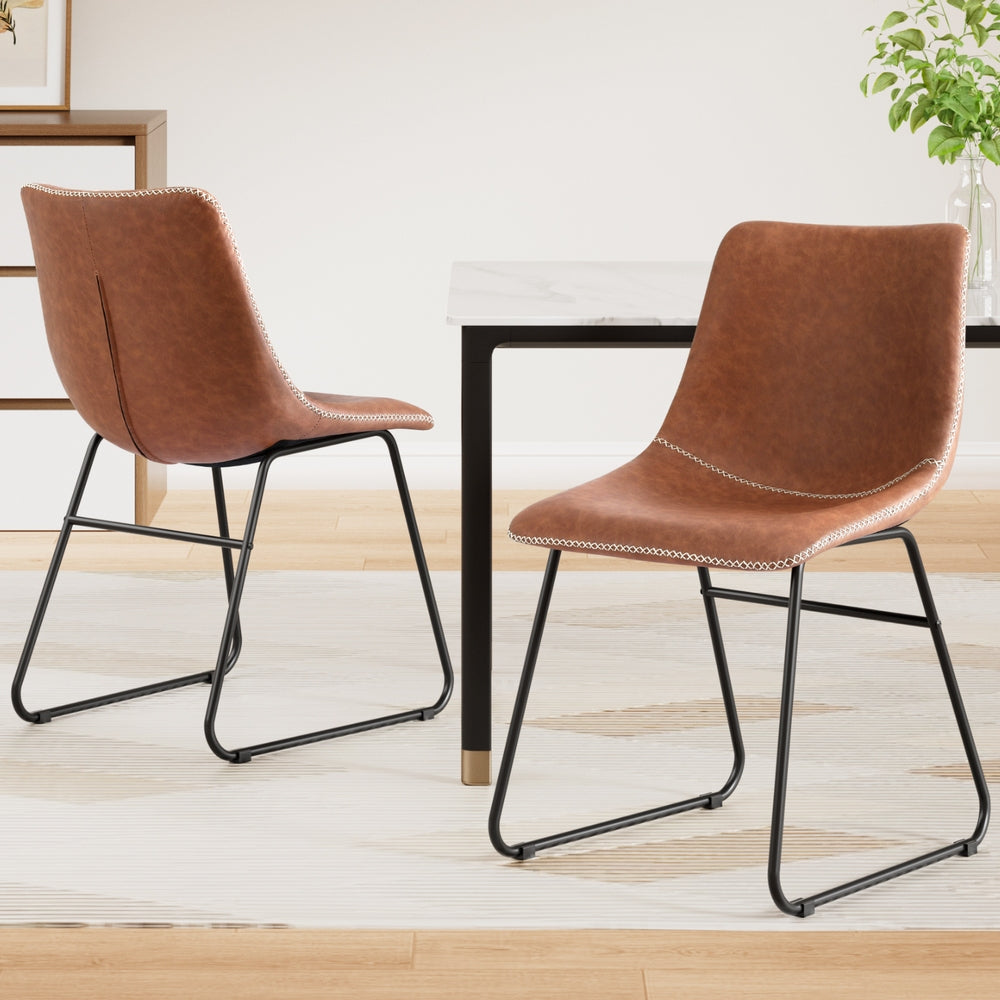Retro Brown PU Leather Dining Chairs Set of 2