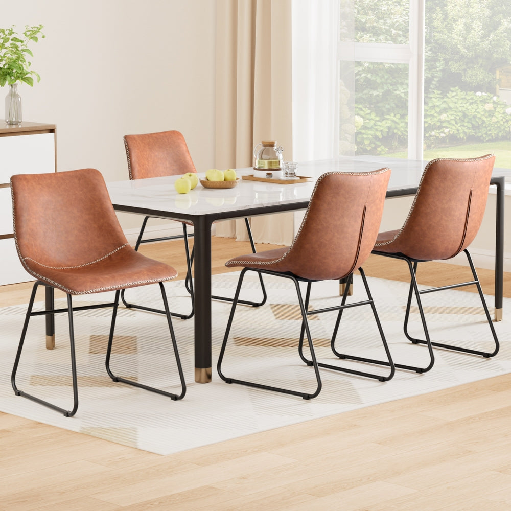 Retro Brown Dining Chairs Set of 4 PU Leather Accent
