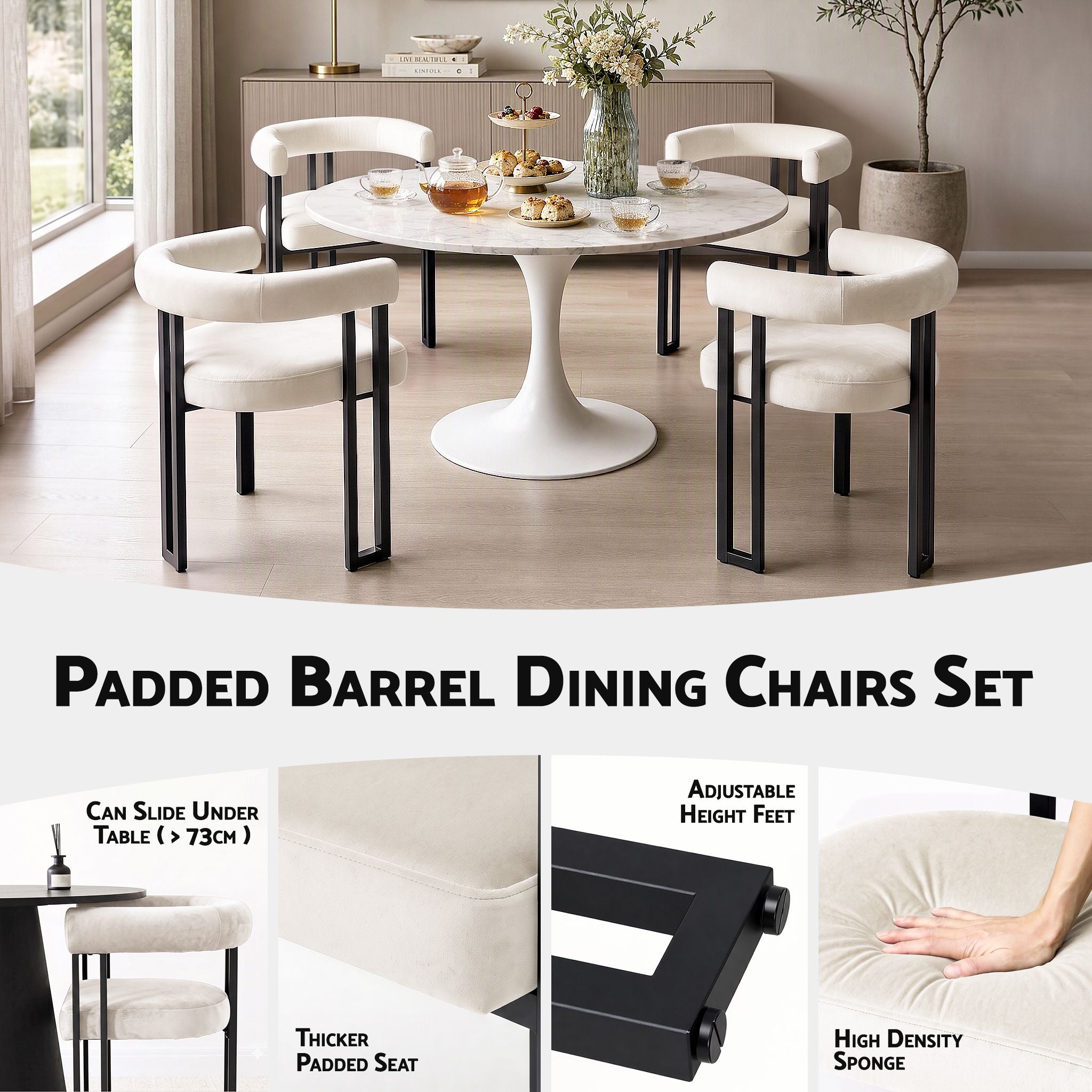 Artiss Dining Chairs Set of 6 Velvet Upholstered Barrel Chairs with Curved Armrests & Back Beige