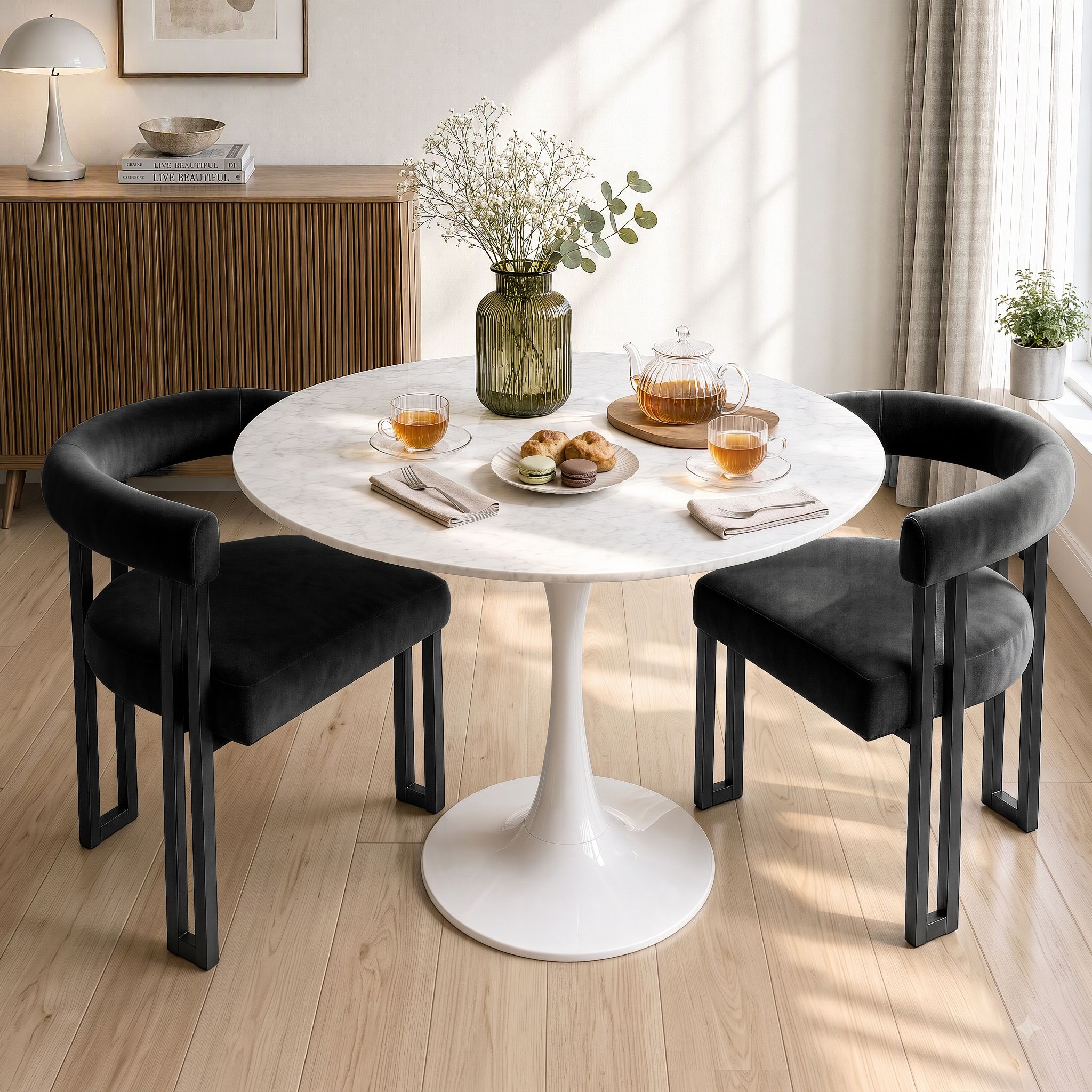Artiss Dining Chairs Set of 2 Velvet Upholstered Barrel Chairs with Curved Armrests & Back Black