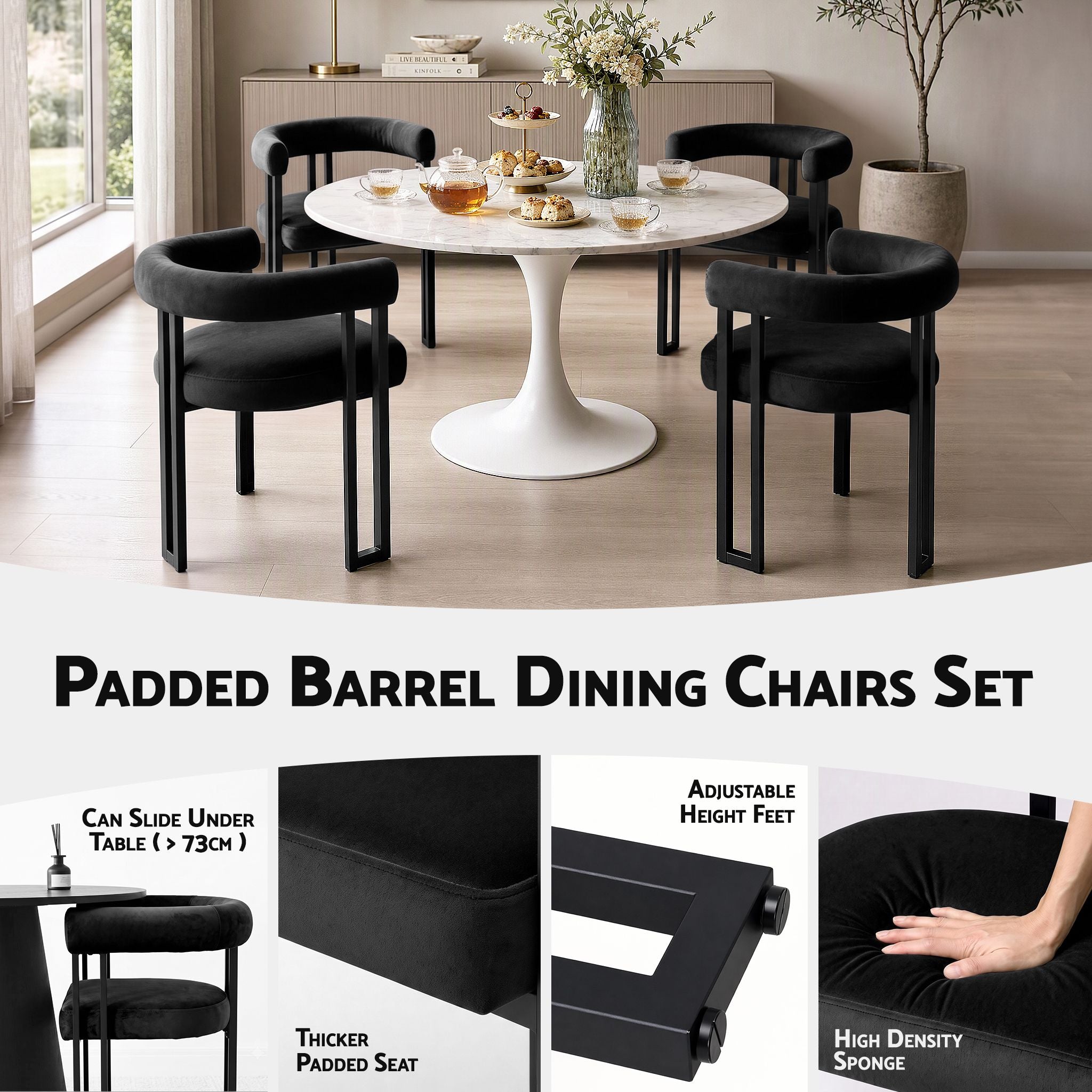 Artiss Dining Chairs Set of 2 Velvet Upholstered Barrel Chairs with Curved Armrests & Back Black