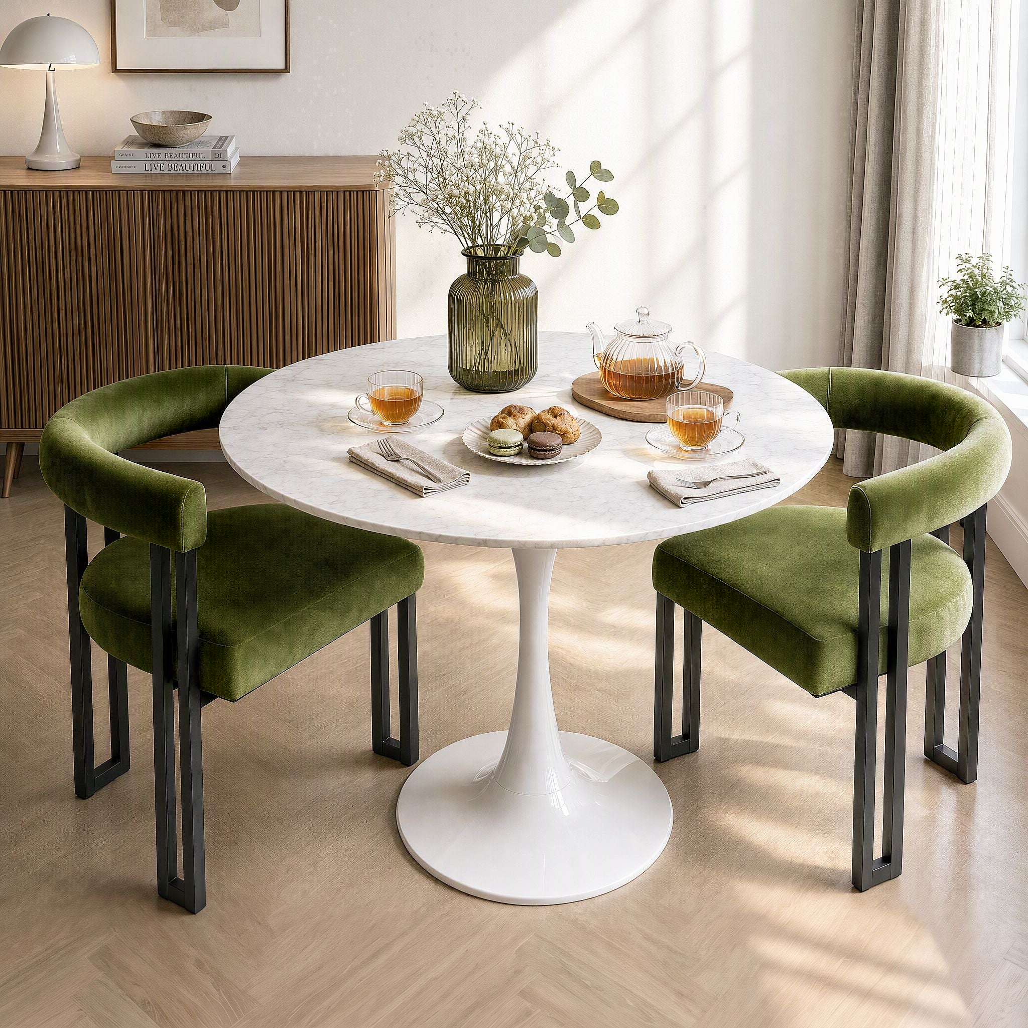 Artiss Dining Chairs Set of 2 Velvet Upholstered Barrel Chairs with Curved Armrests & Back Green
