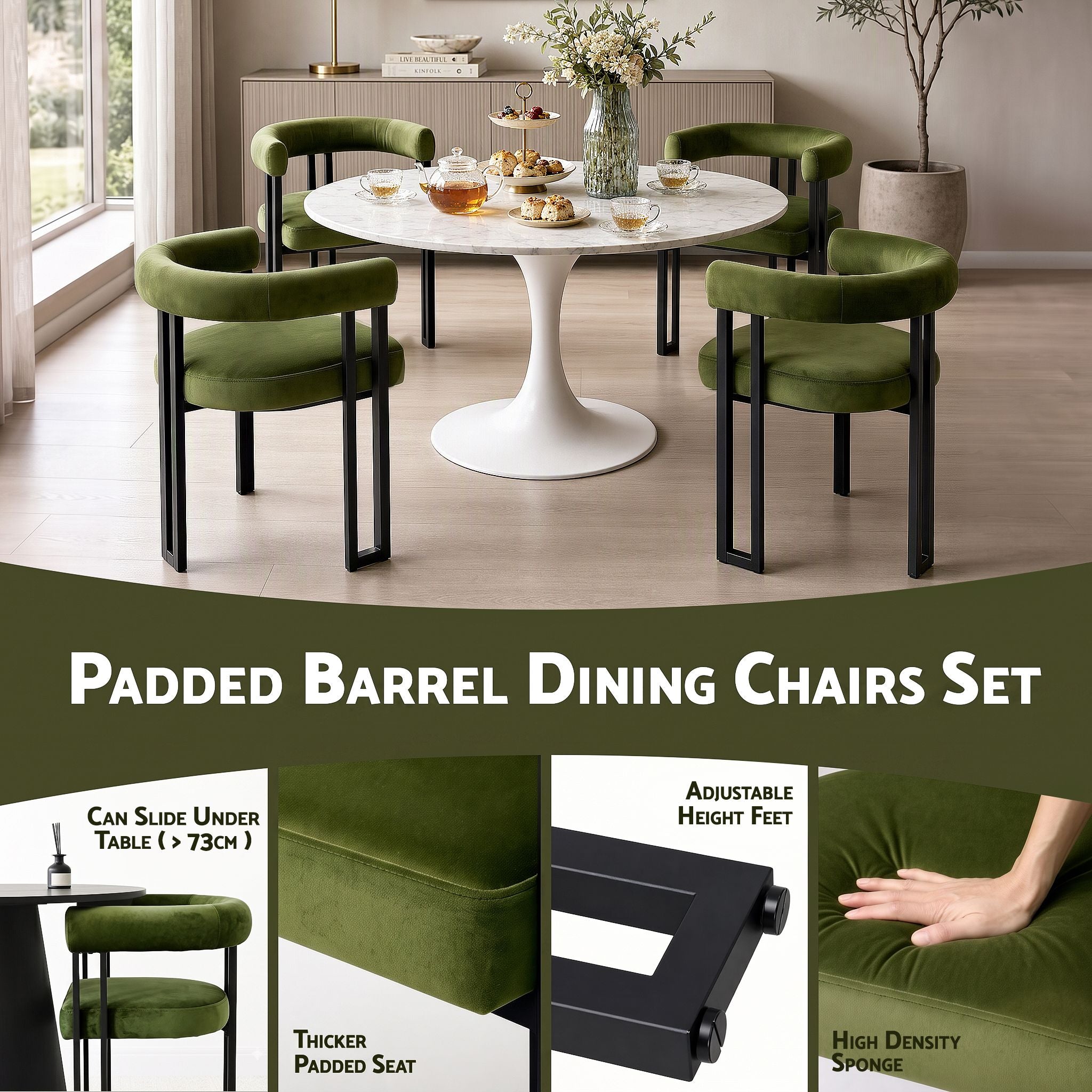 Artiss Dining Chairs Set of 2 Velvet Upholstered Barrel Chairs with Curved Armrests & Back Green