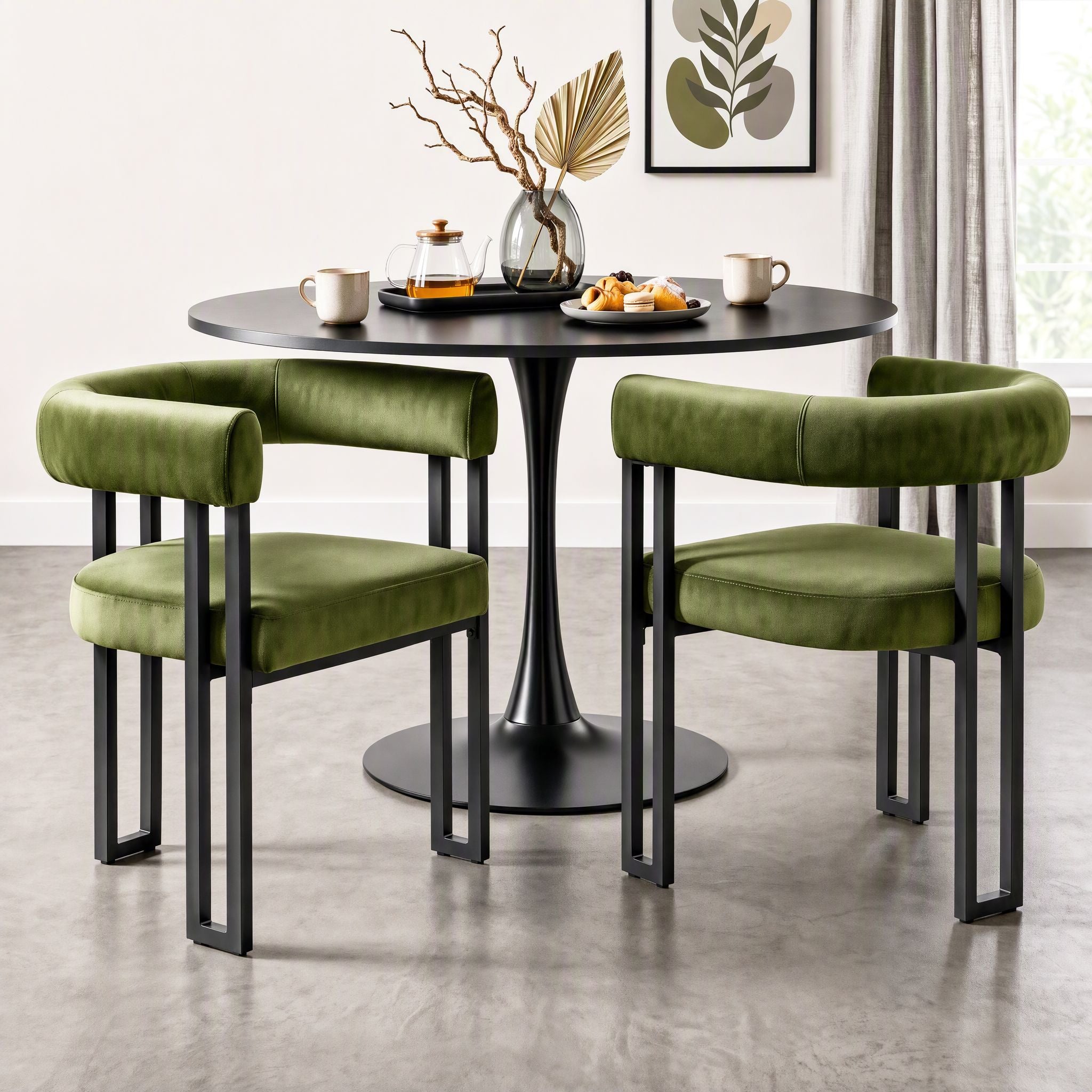 Artiss Dining Chairs Set of 2 Velvet Upholstered Barrel Chairs with Curved Armrests & Back Green