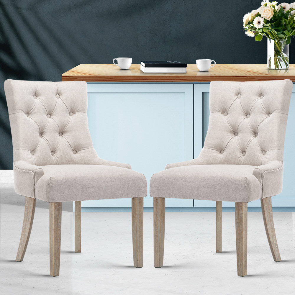 Cayes Set of 2 French Provincial Dining Chairs Linen Beige